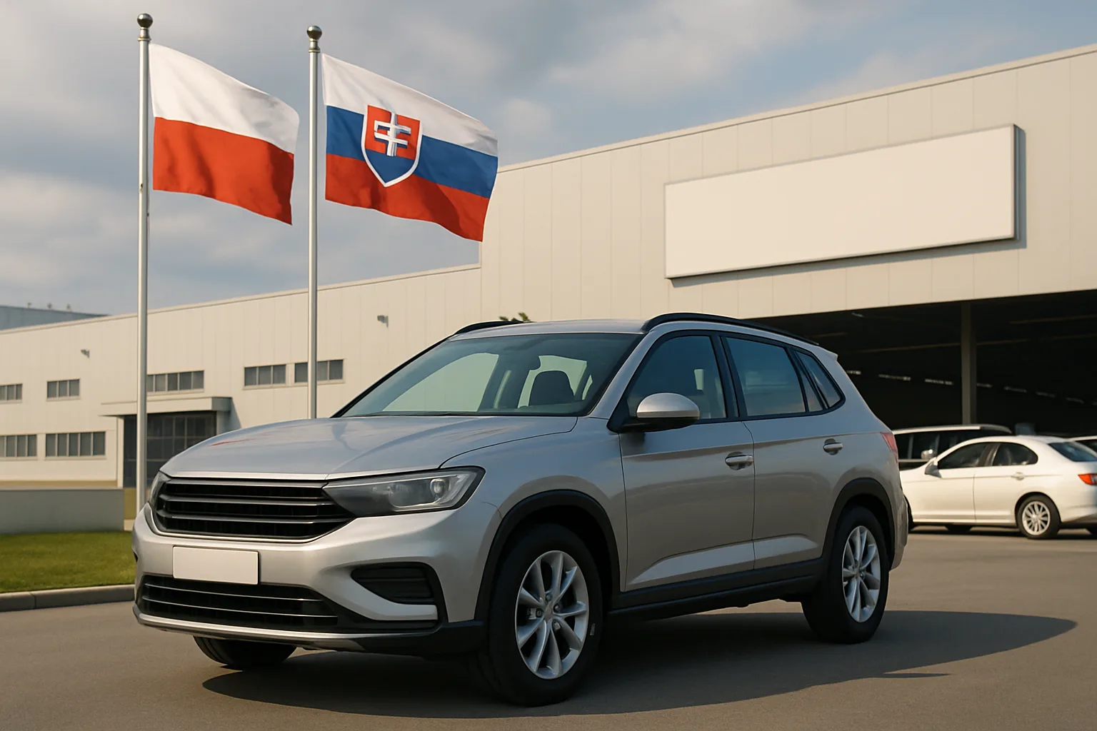 Silver SUV parked in front of a modern factory building with Polish and Slovak flags on tall flagpoles nearby