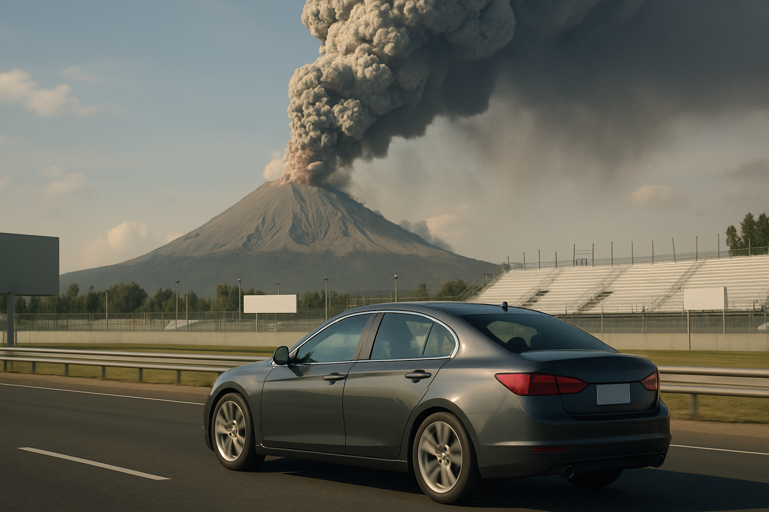A dark sedan drives on an empty highway with a snow-capped volcano in the background, billowing thick ash into the sky