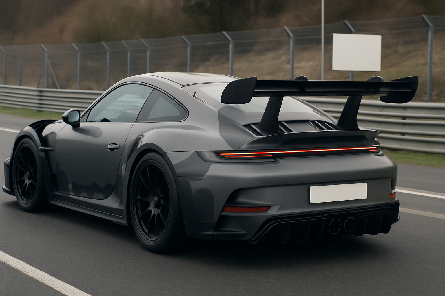 Sleek matte grey sports car with oversized rear wing and black wheels driving on a racetrack under overcast skies