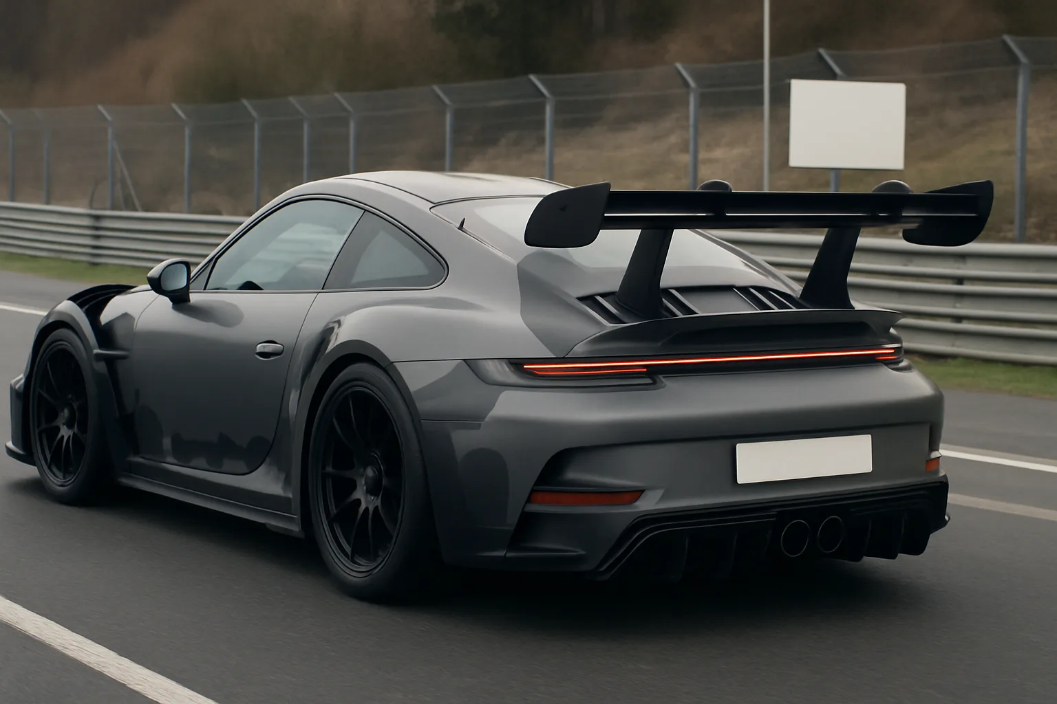 Sleek matte grey sports car with oversized rear wing and black wheels driving on a racetrack under overcast skies