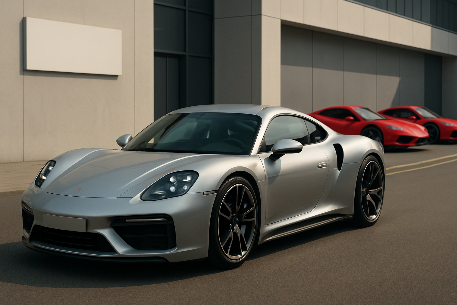 A sleek silver sports car with black wheels parked in front of a modern building, two red cars behind on the street