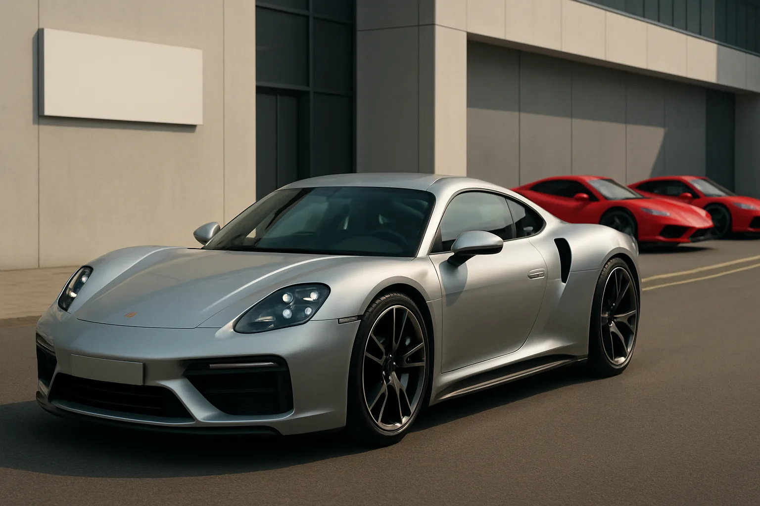 A sleek silver sports car with black wheels parked in front of a modern building, two red cars behind on the street