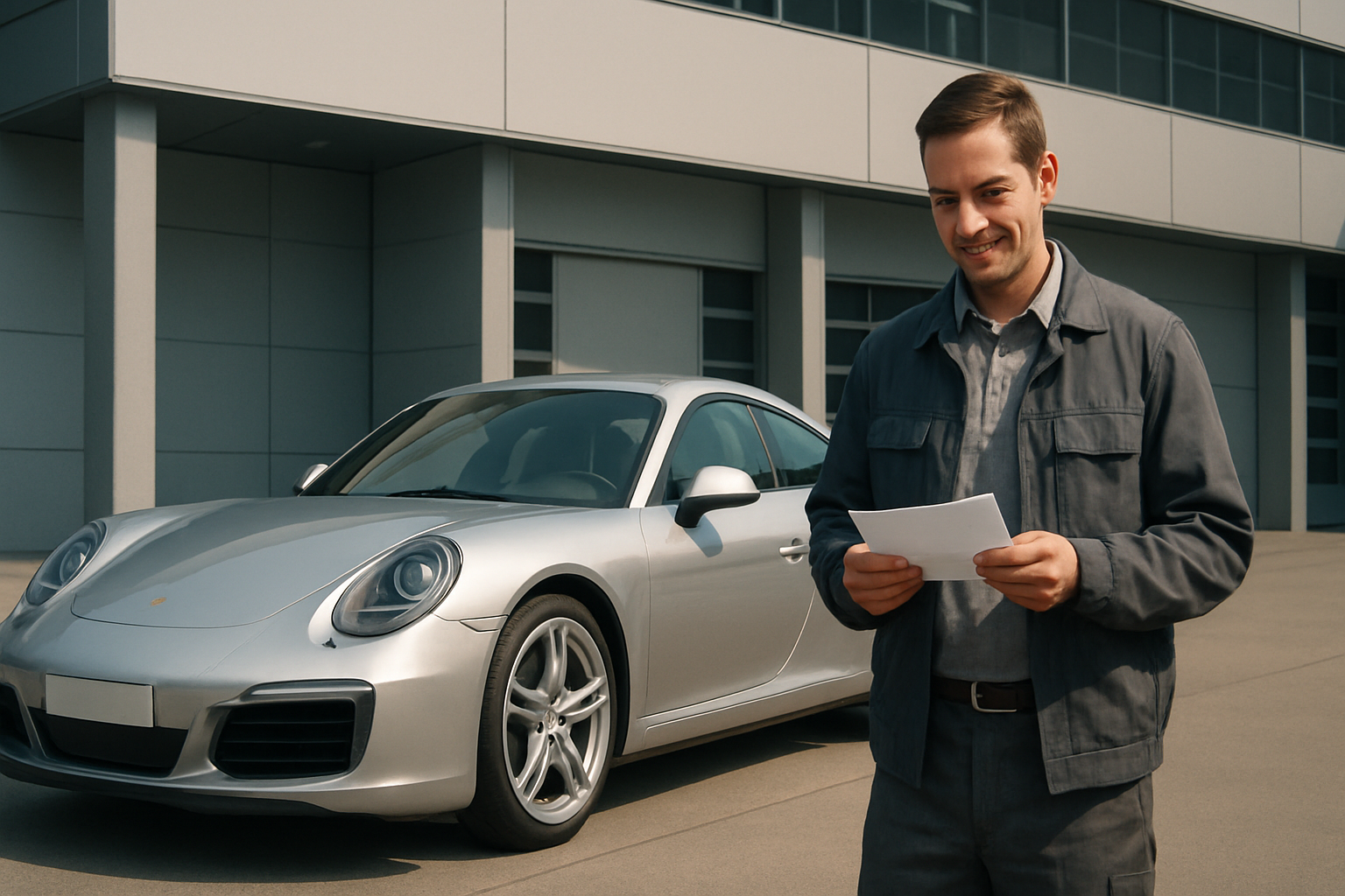 A man in a gray work uniform smiles holding a letter, standing on a sunlit concrete lot beside a sleek silver sports car