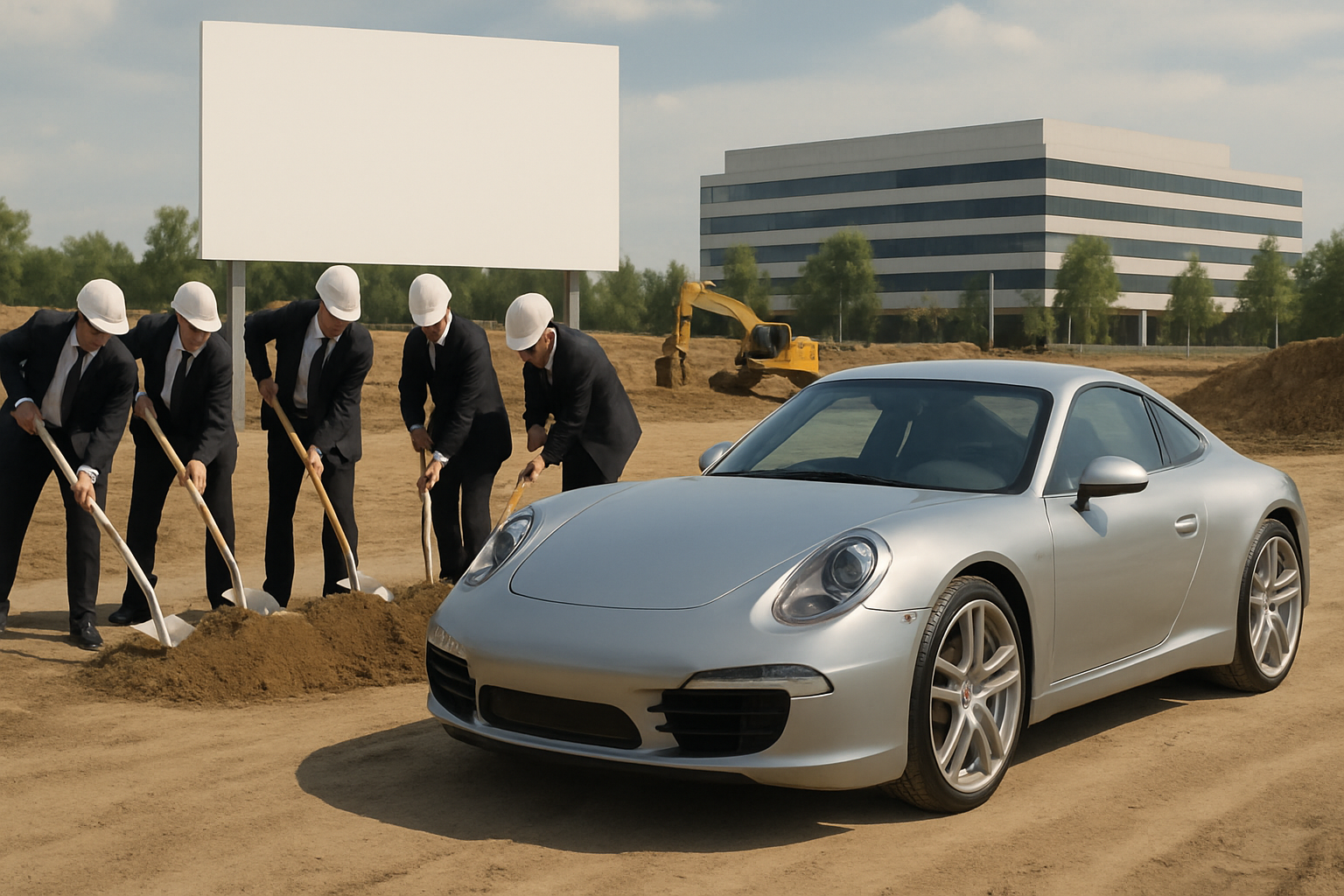 Five people in dark suits and white hard hats dig with shovels beside a sleek silver car on a sandy construction site