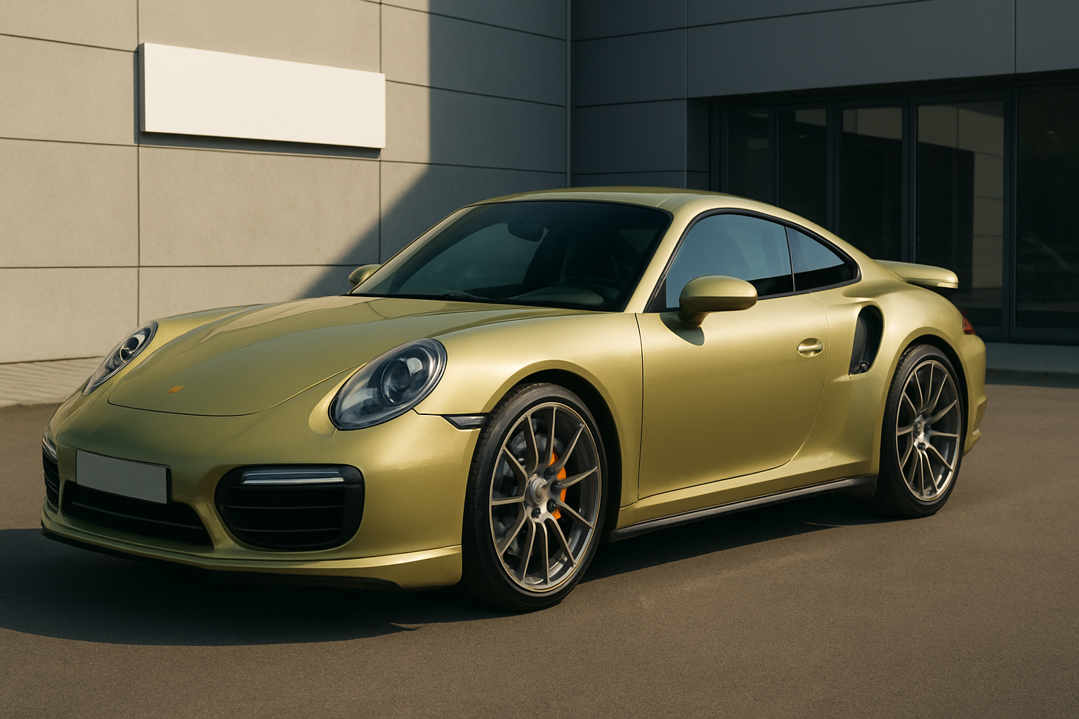Sleek metallic lime gold sports coupe with bold curves parked on smooth pavement beside a modern grey building