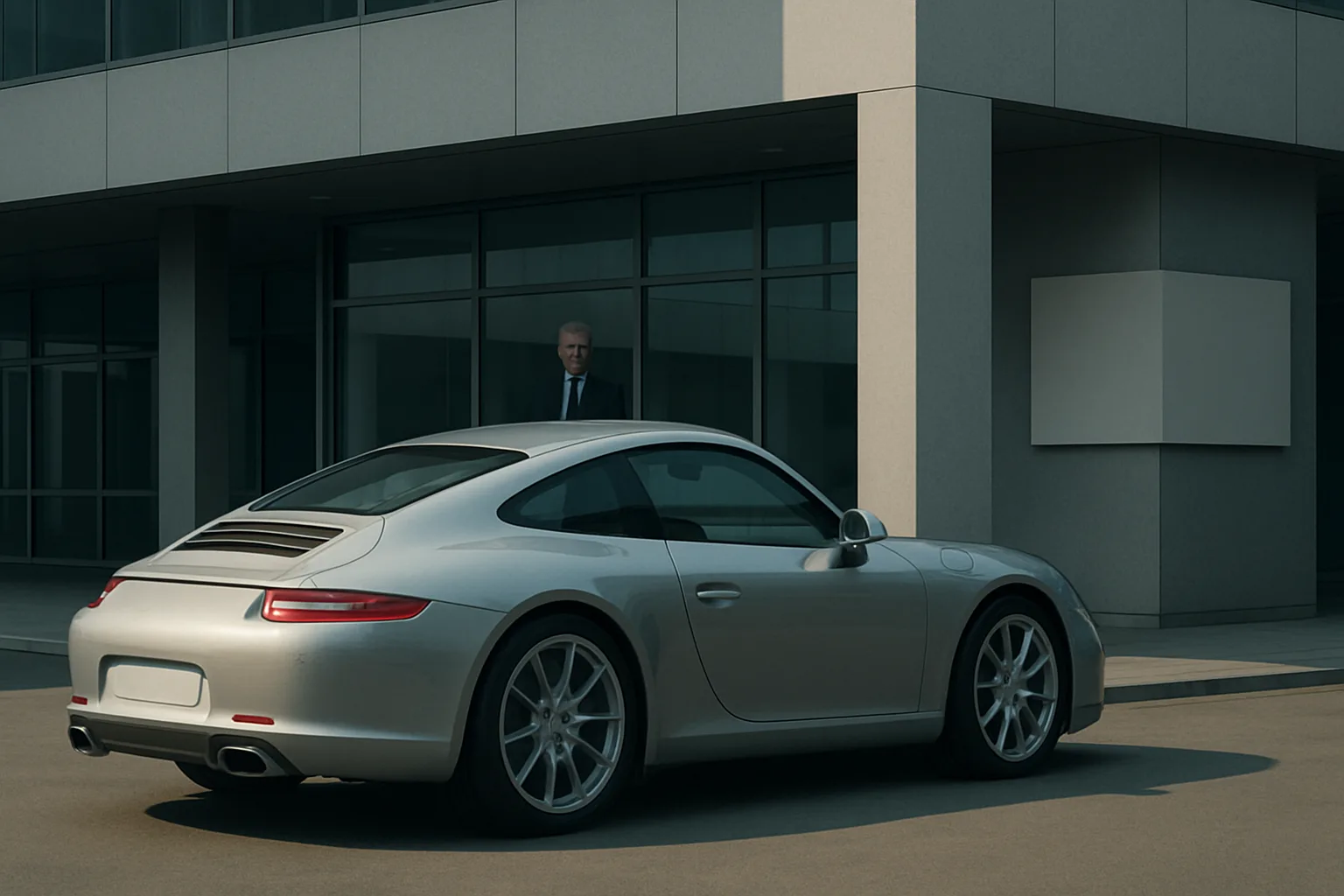 A silver sports car parked outside a modern, minimalist building with a suited man standing in the background