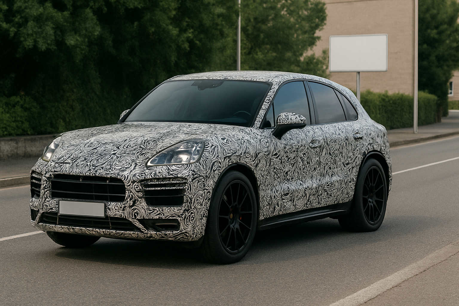 A camouflaged SUV with black wheels and swirling patterned wrap drives along a suburban road lined with greenery