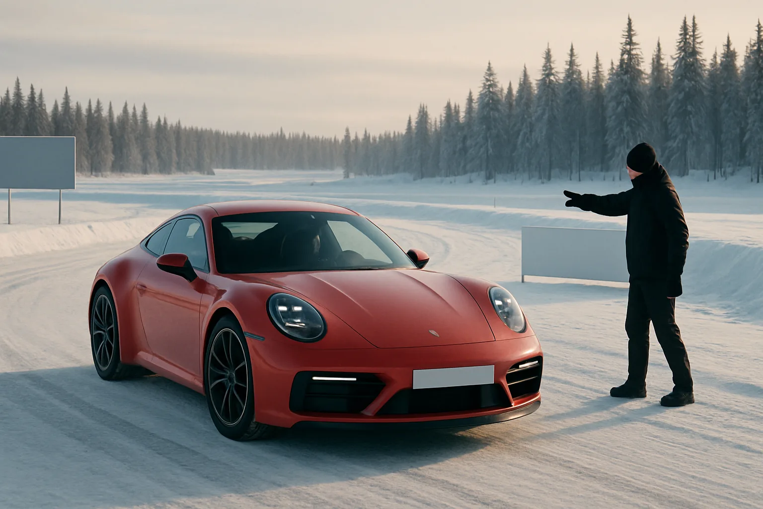 Matte red sports car on a snowy track at sunrise with a person in black winter clothing gesturing beside it