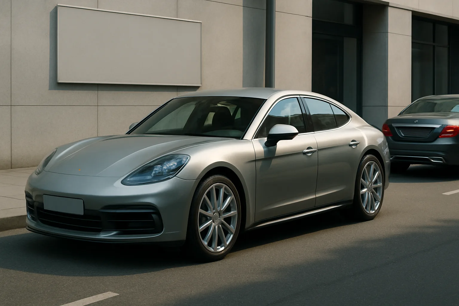 Sleek silver four-door car with large alloy wheels parked on a city street beside a modern building