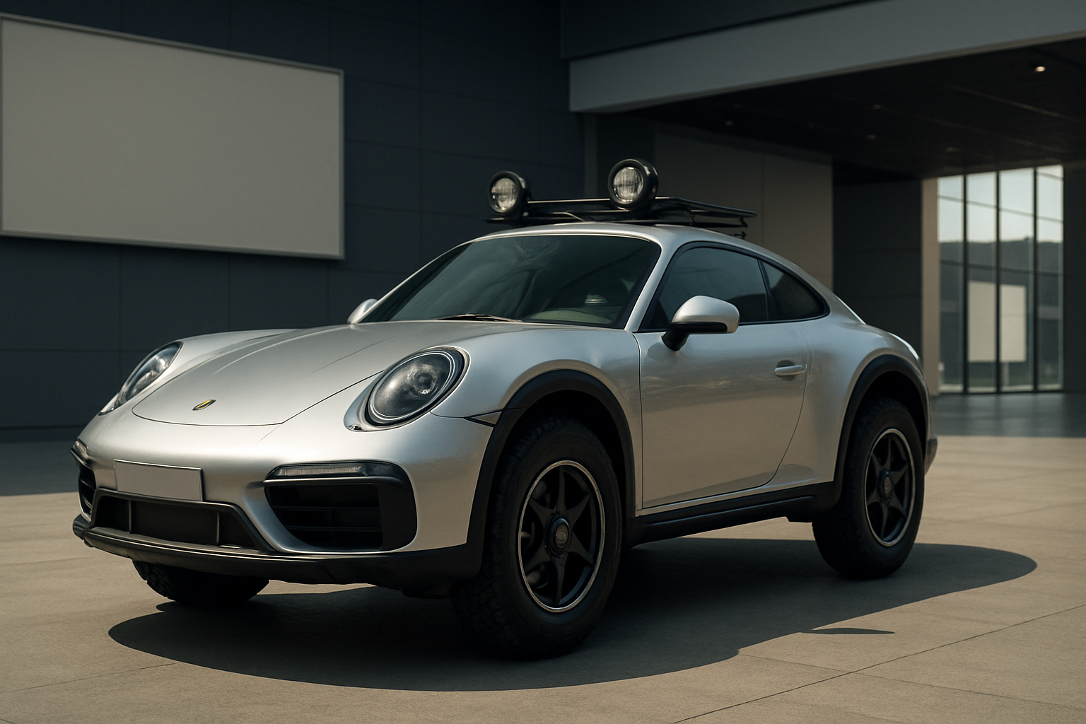 Silver sports coupe with black wheel arches, roof rack, and spotlights parked on sunlit concrete beside a modern building