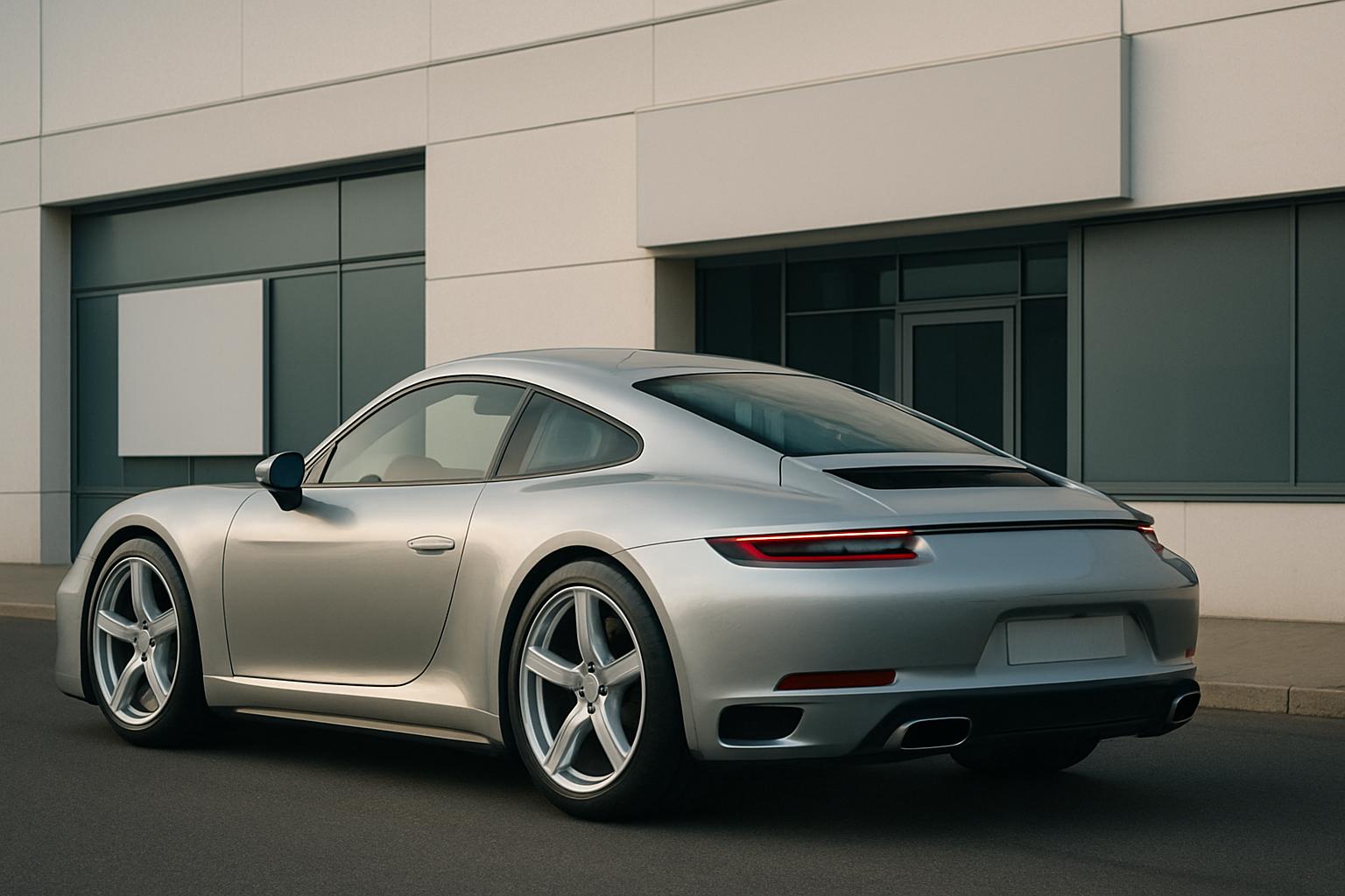 Sleek silver sports car with smooth curves and tinted windows parked beside a modern white building in soft daylight