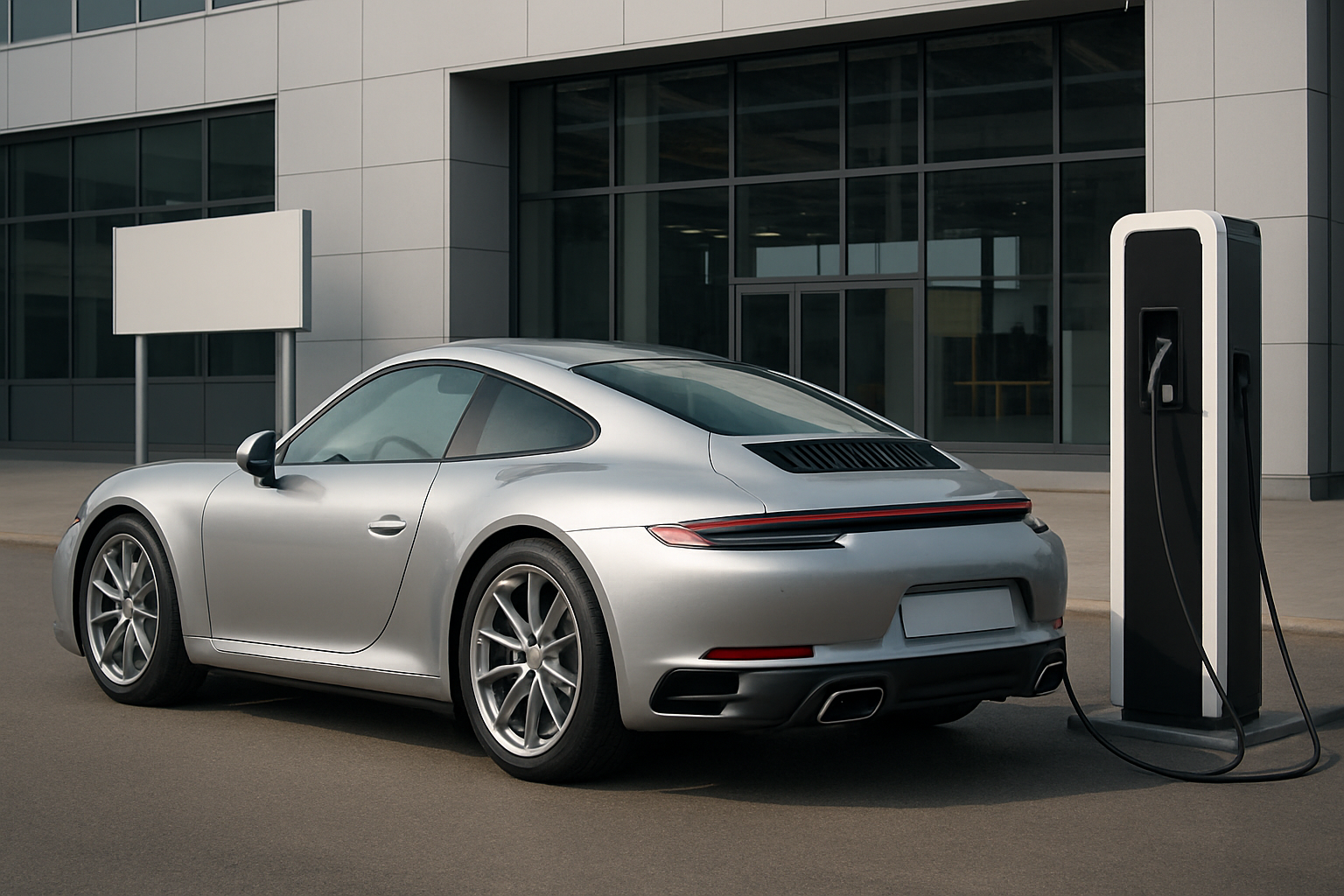 Sleek silver sports car parked near a modern building, charging at a black and white electric vehicle station in soft daylight