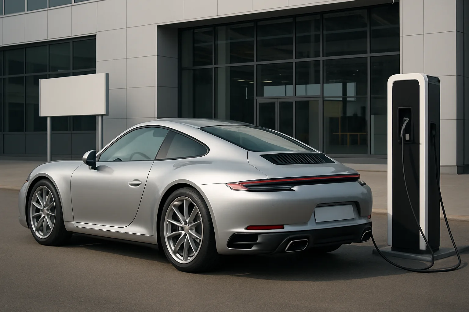 Sleek silver sports car parked near a modern building, charging at a black and white electric vehicle station in soft daylight