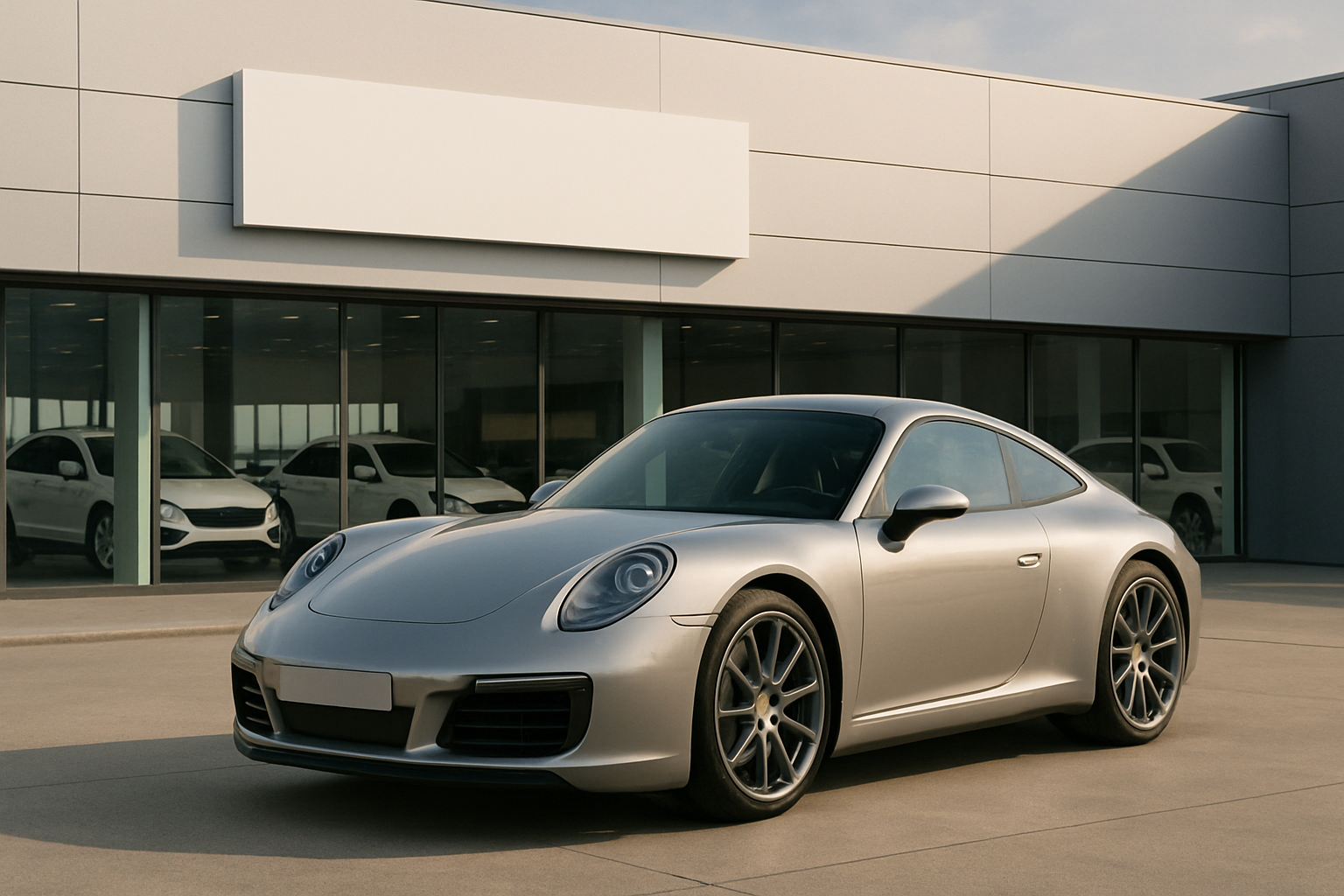 A silver sports coupe parked on a pale forecourt in front of a modern glass-walled showroom under soft sunlight
