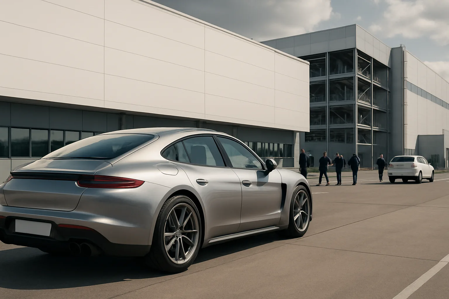 A sleek silver sports car parked on a wide concrete lot near a modern industrial building with people walking in the background