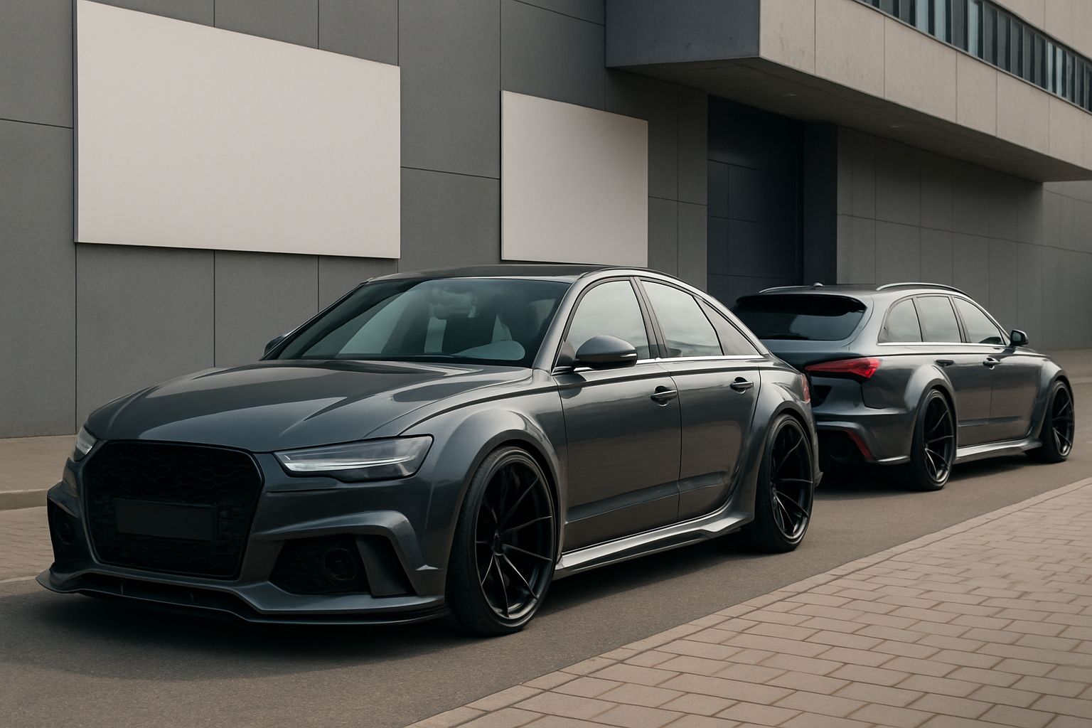 Two sleek, dark grey cars with widened bodies and large black wheels parked beside a modern building in soft daylight