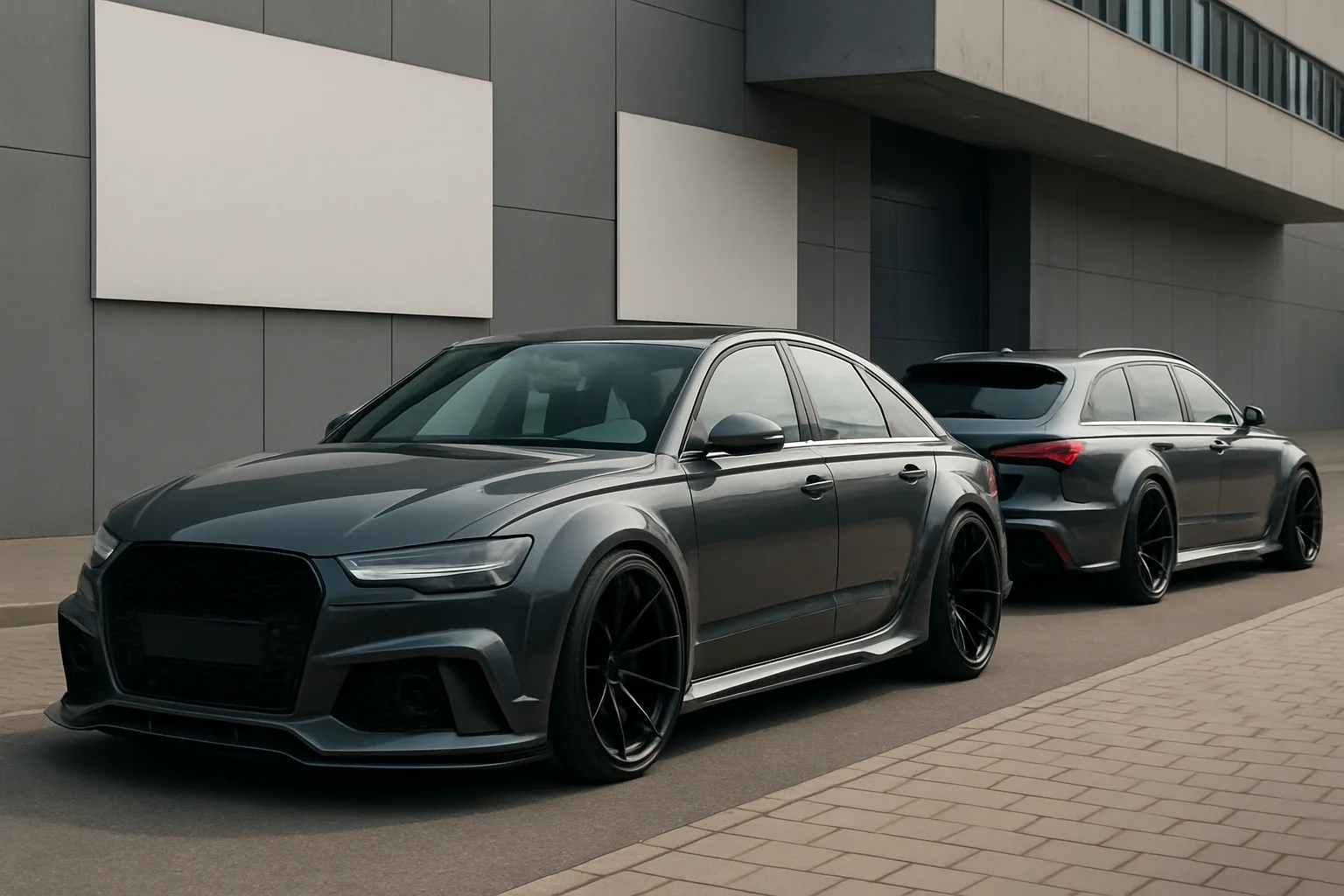 Two sleek, dark grey cars with widened bodies and large black wheels parked beside a modern building in soft daylight