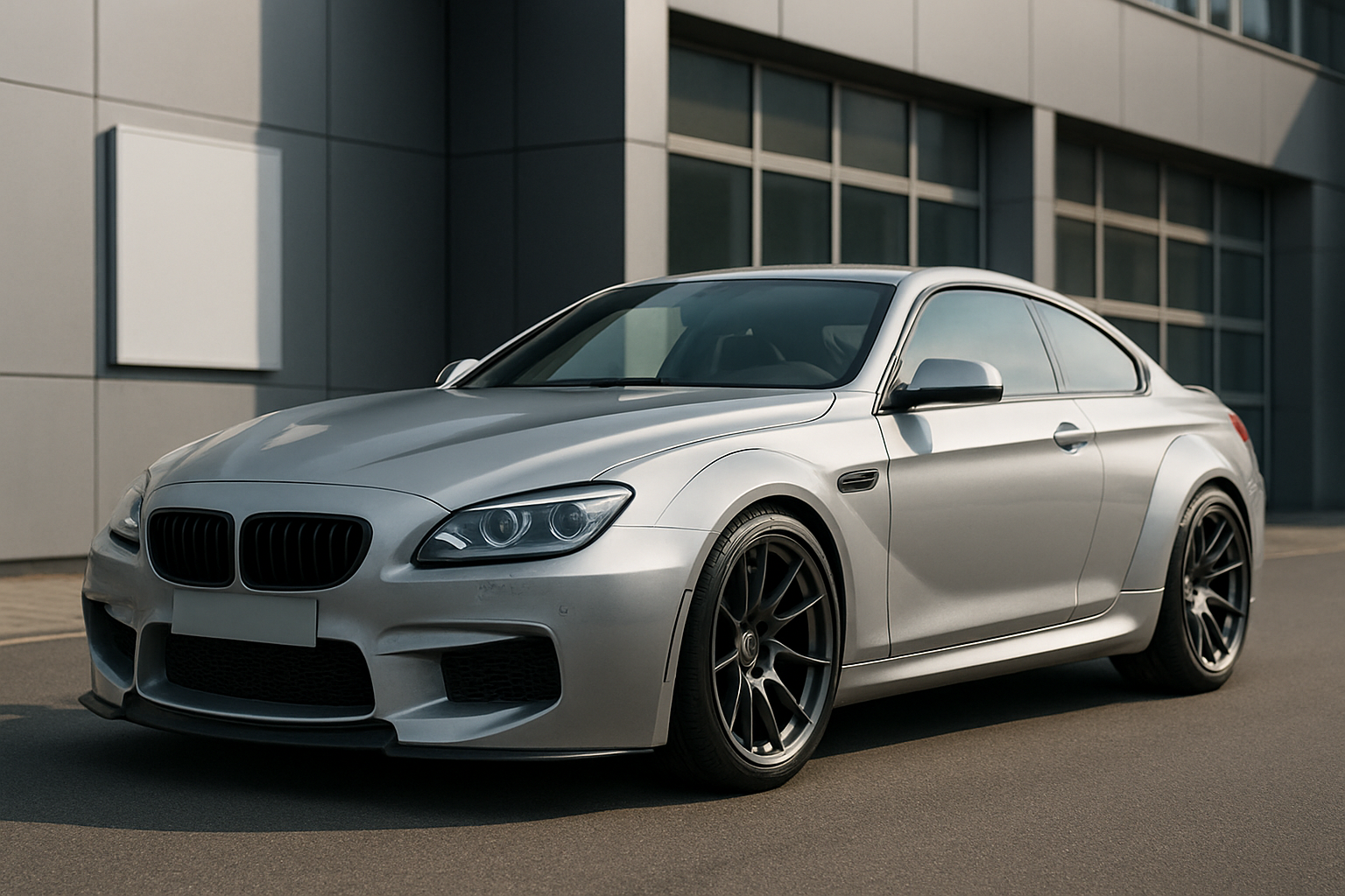 Matte silver sports coupe with flared arches, deep front spoiler and black alloy wheels parked by modern glass building