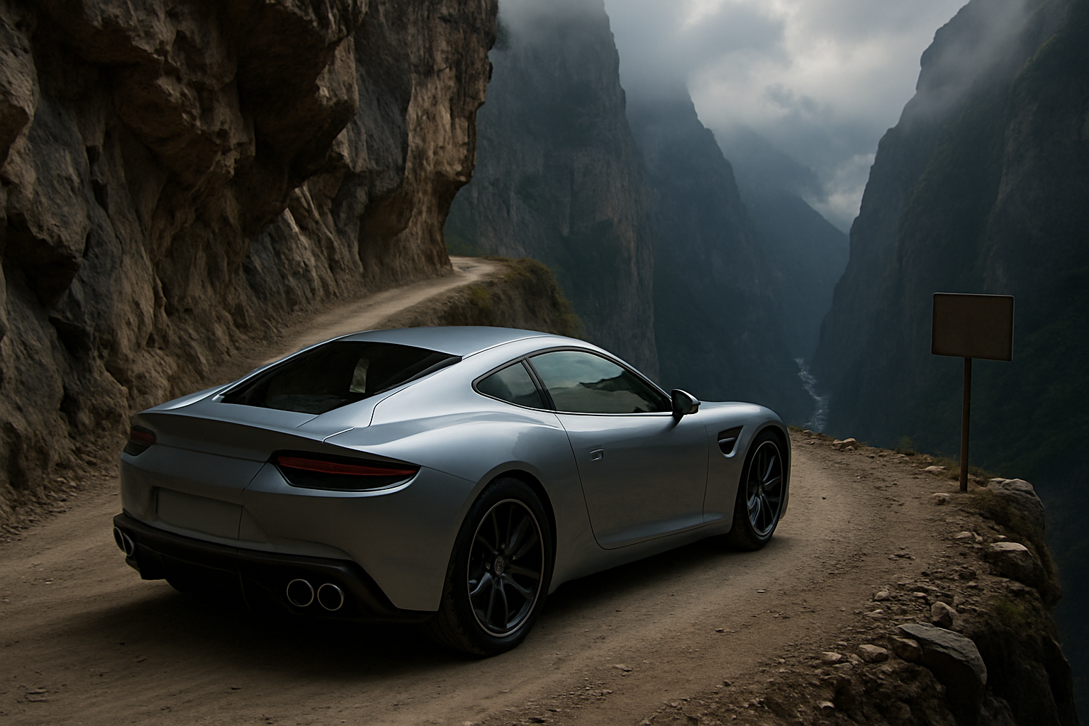A sleek silver sports car curves along a narrow dirt road on a cliff edge, with misty mountains and a deep gorge below
