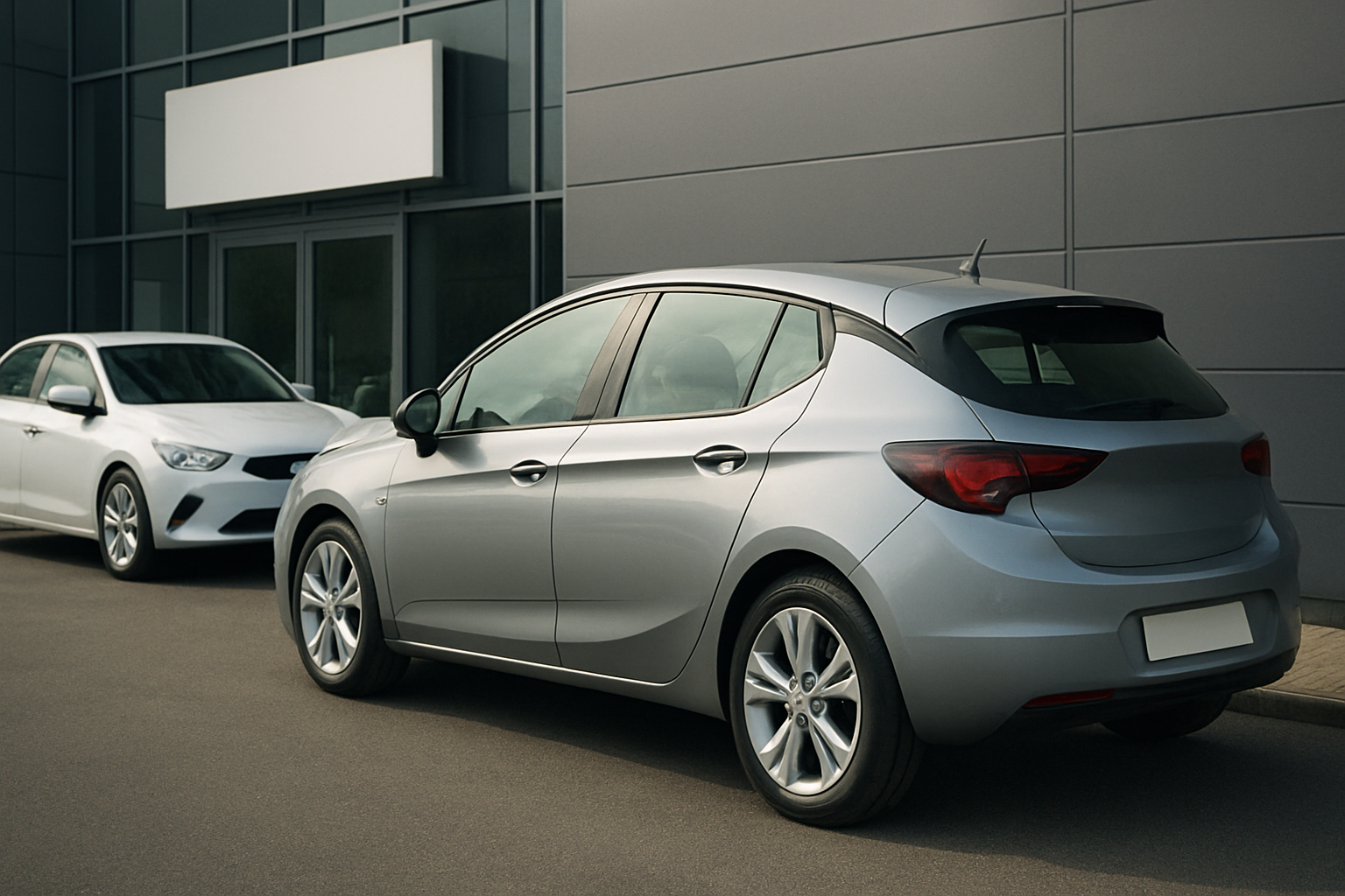 Two grey hatchback cars parked on clean asphalt beside a modern building with metallic wall panels and frosted windows