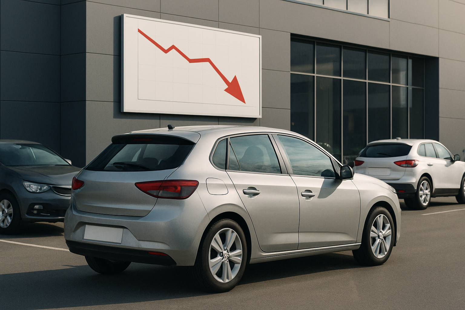 A silver hatchback car parked outside a grey building with a large red downward arrow chart on the wall above