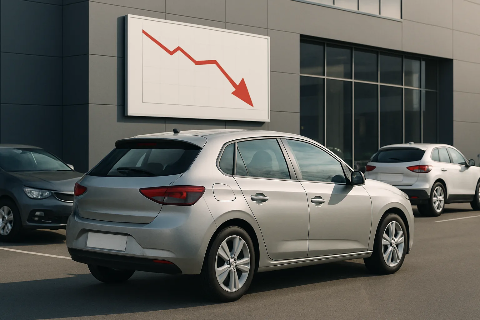 A silver hatchback car parked outside a grey building with a large red downward arrow chart on the wall above