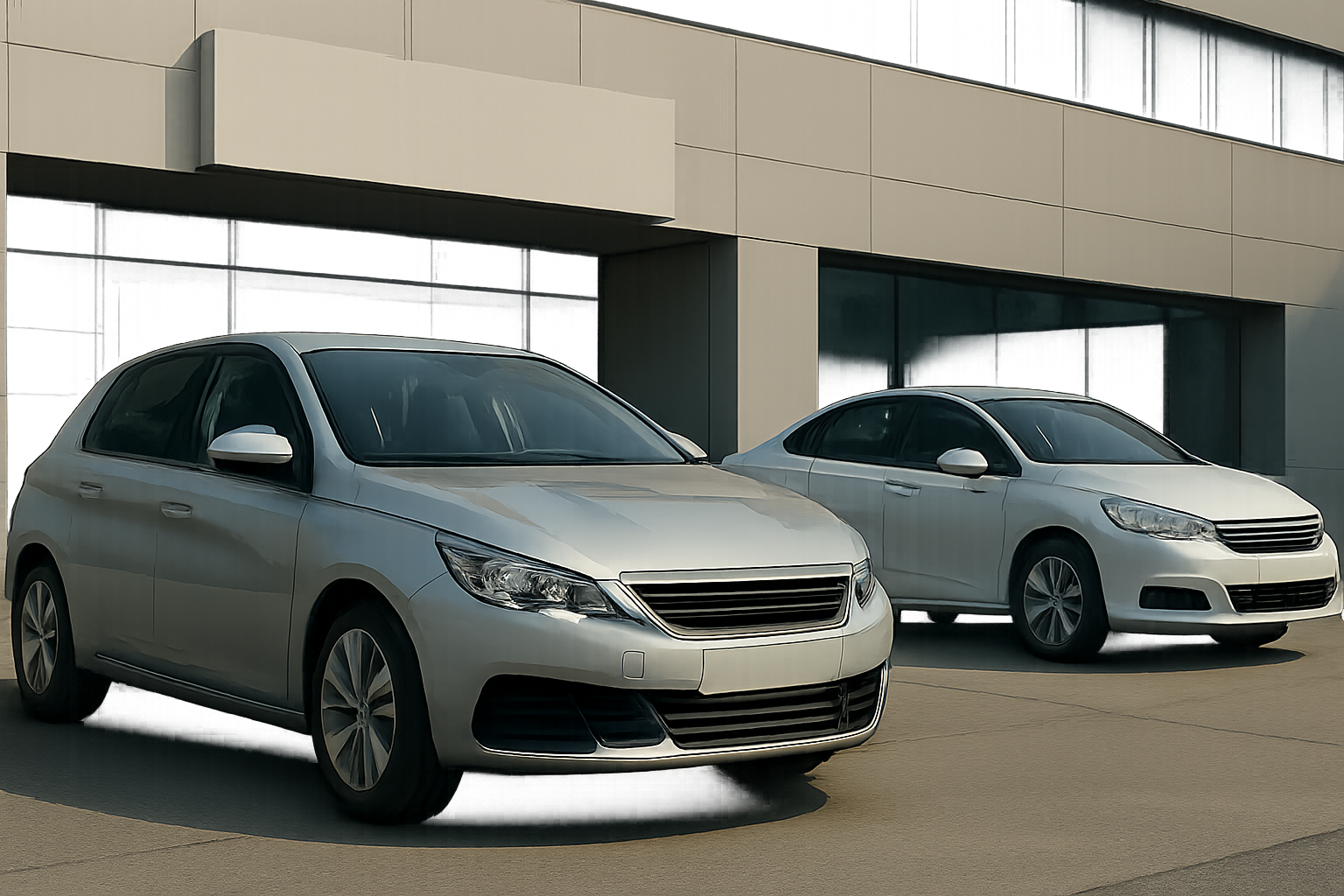 Two silver hatchback and sedan cars parked side by side in front of a modern glass and concrete building in daylight