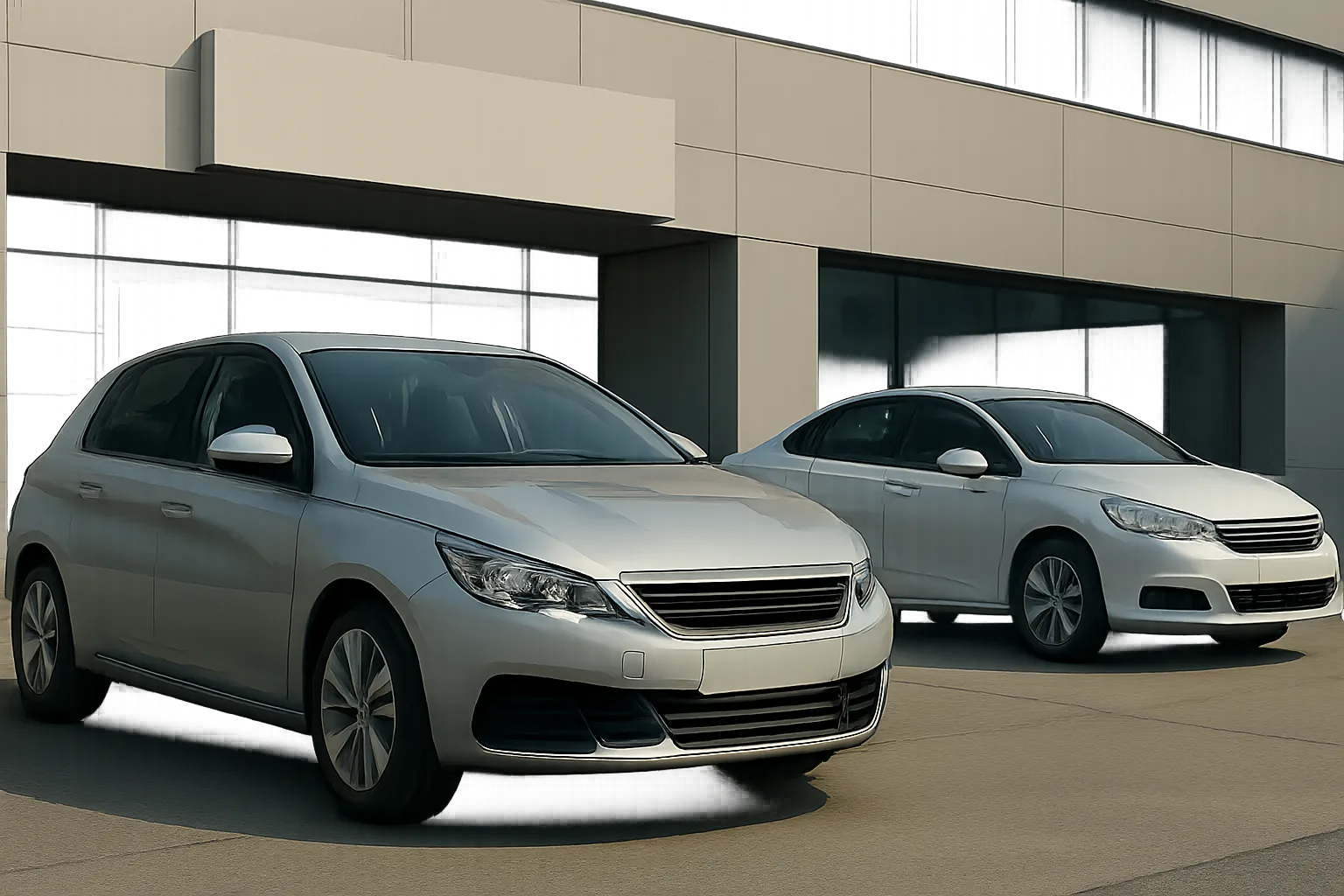Two silver hatchback and sedan cars parked side by side in front of a modern glass and concrete building in daylight