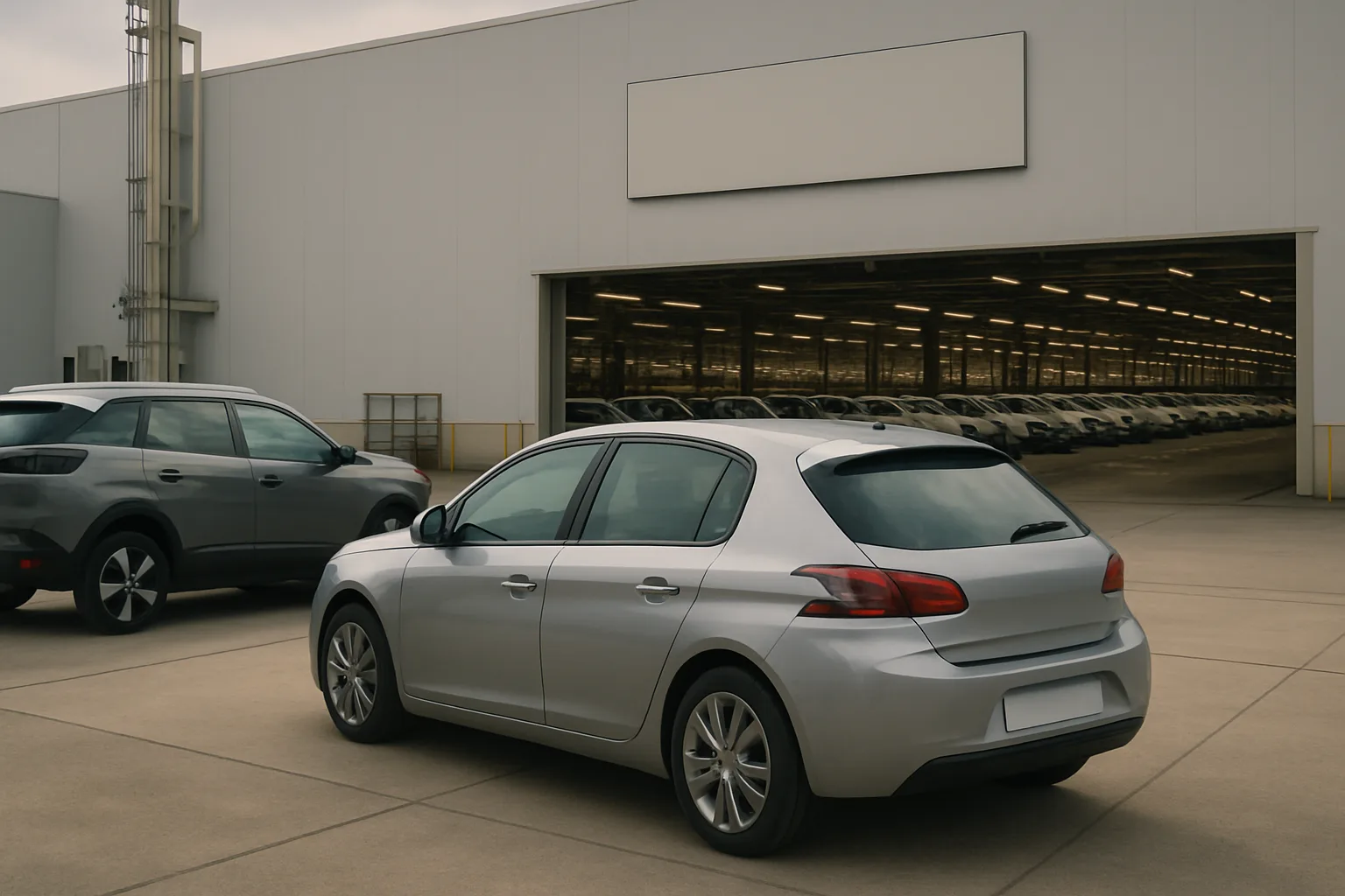Two silver-grey hatchback cars parked on a wide concrete lot near a large industrial warehouse with rows of vehicles inside
