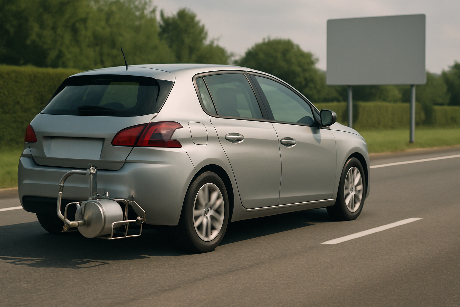 Silver hatchback car driving on a road with a large metal testing device attached to its exhaust, greenery and blank sign behind