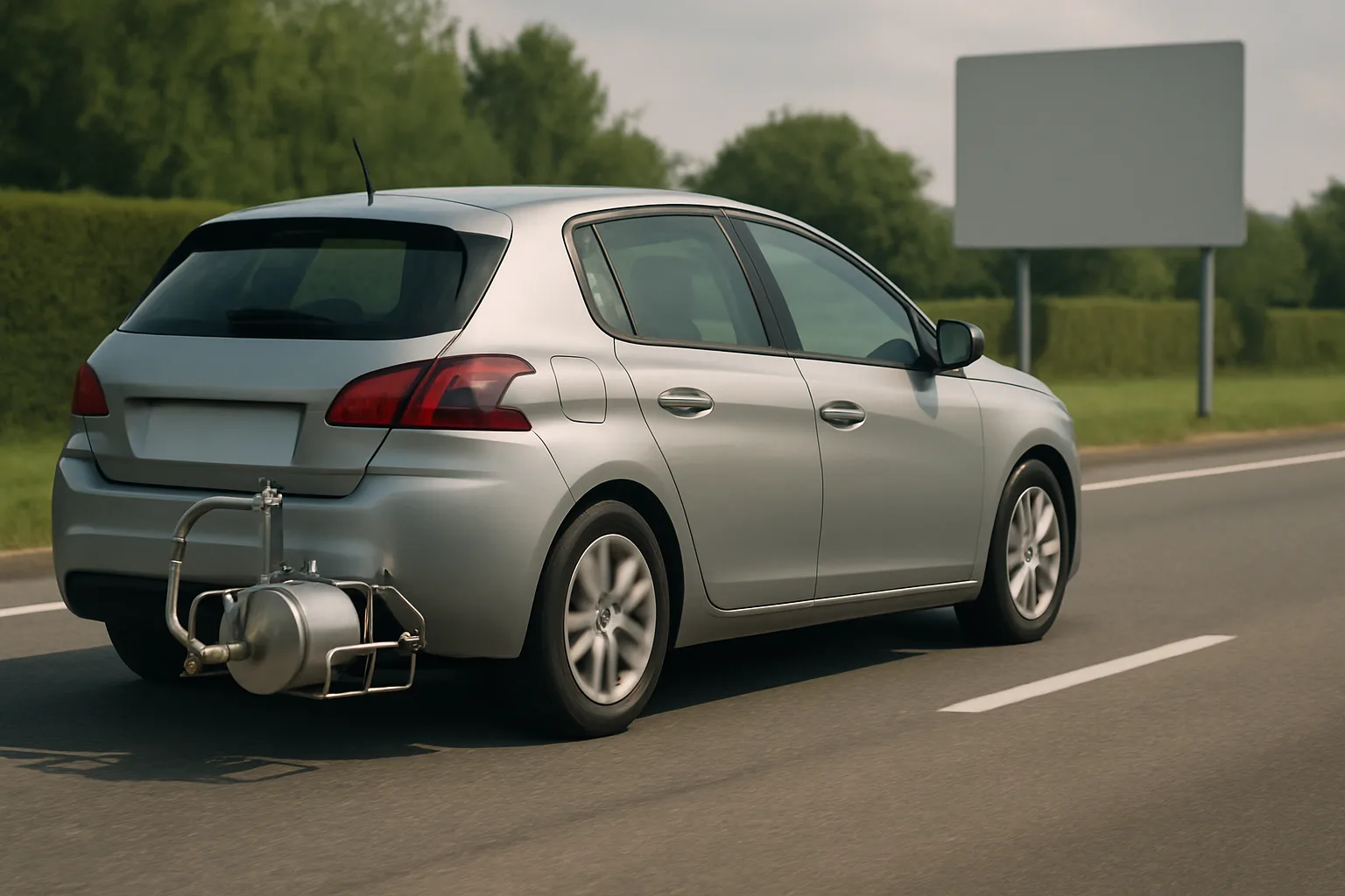 Silver hatchback car driving on a road with a large metal testing device attached to its exhaust, greenery and blank sign behind