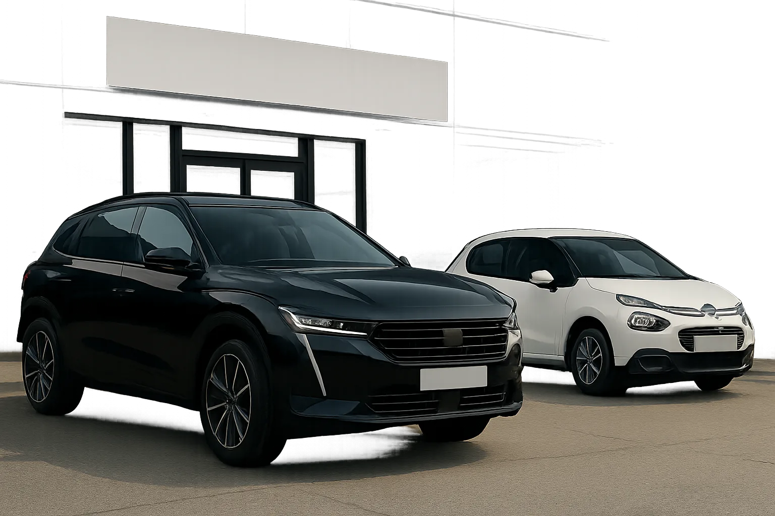 Two stylized cars, one black and angular and one white with rounded shapes, parked by a modern grey building in soft daylight