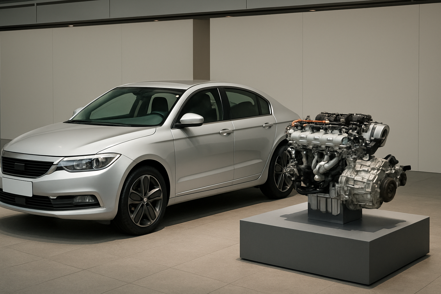 Silver sedan parked indoors beside a pedestal-mounted car engine, under soft natural light in a modern showroom space