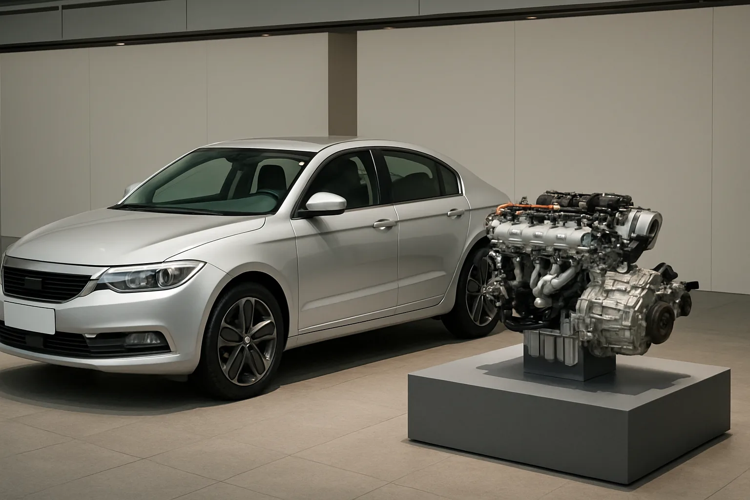 Silver sedan parked indoors beside a pedestal-mounted car engine, under soft natural light in a modern showroom space