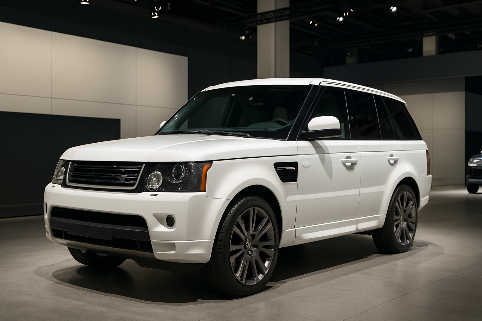 A sleek white SUV with dark tinted windows and graphite wheels displayed under bright indoor lighting in a minimalist showroom