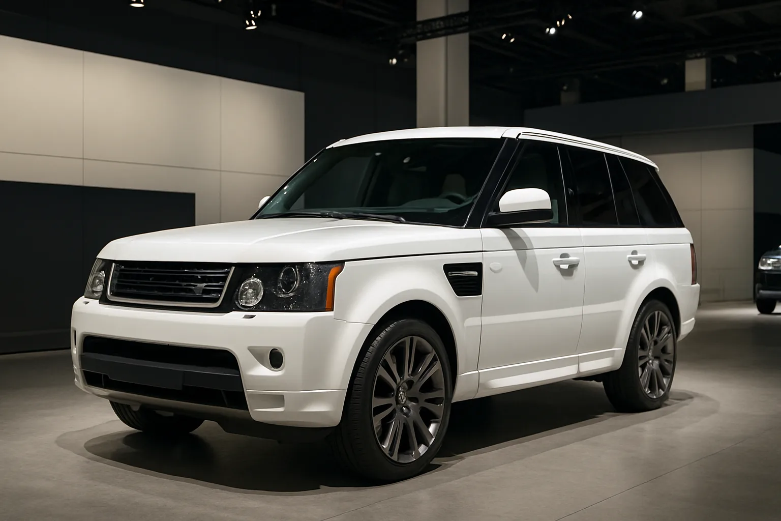 A sleek white SUV with dark tinted windows and graphite wheels displayed under bright indoor lighting in a minimalist showroom