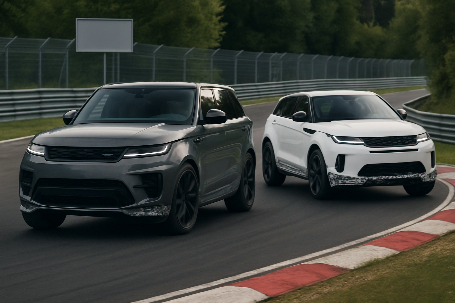Two angular, modern SUVs in matte grey and glossy white driving side by side on a racetrack with greenery in the background