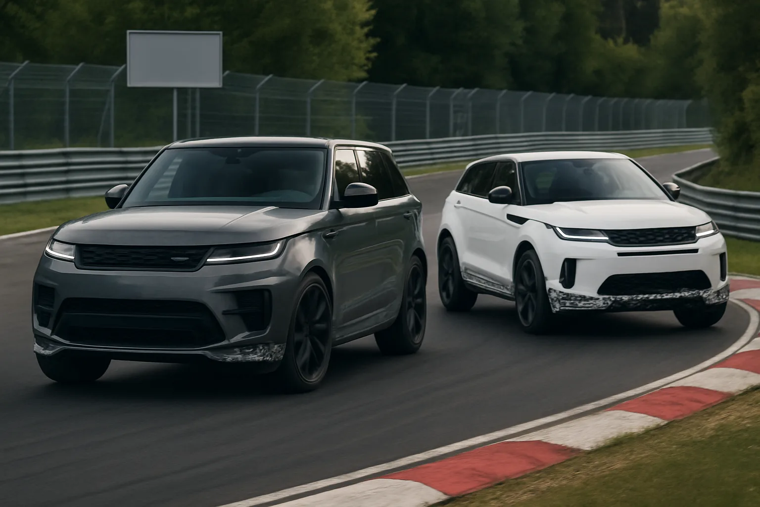 Two angular, modern SUVs in matte grey and glossy white driving side by side on a racetrack with greenery in the background