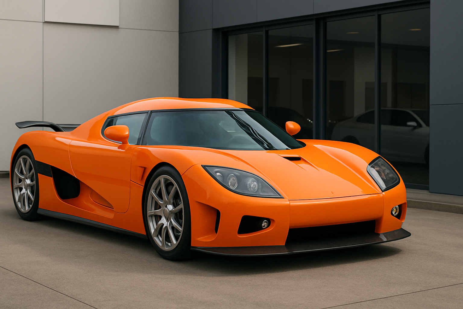 Bright orange, low-slung sports car with smooth curves and metallic wheels parked outside a modern glass-fronted building