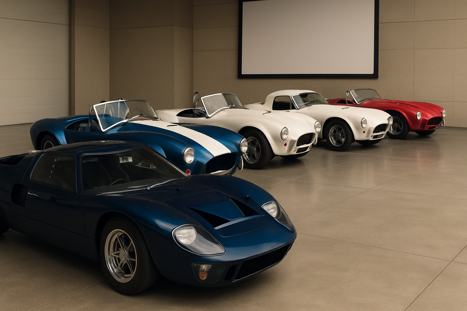 Five classic sports cars in blue, white, and red are parked in a row indoors on a polished concrete floor