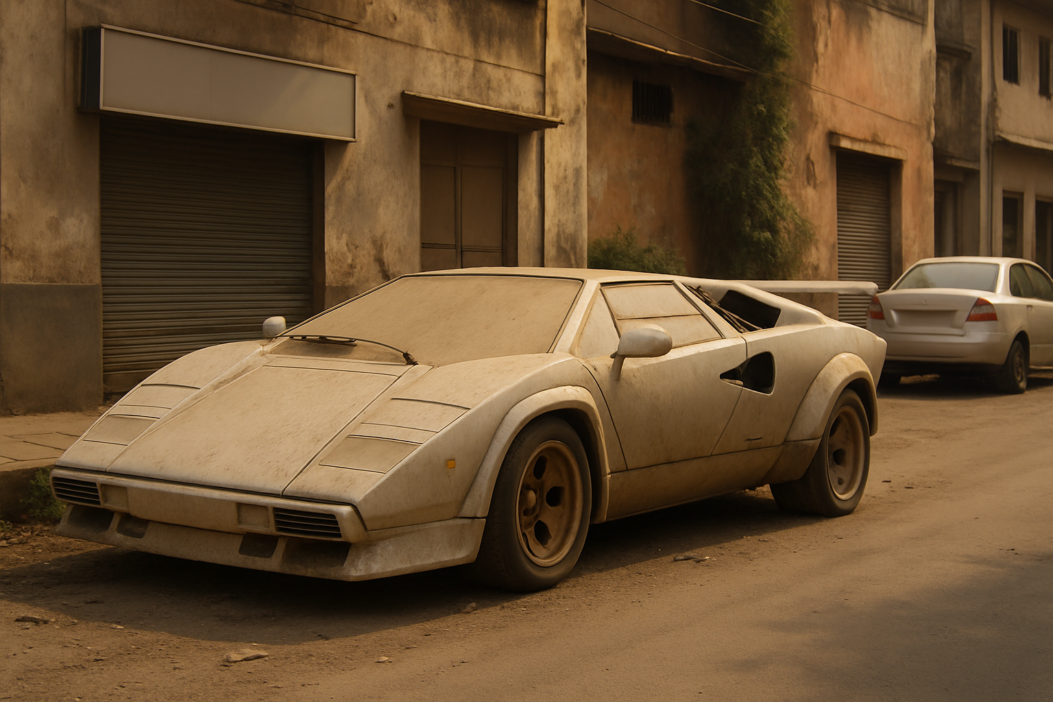 Dust-covered wedge-shaped sports car with pop-up headlights parked on a sunlit, weathered street beside old buildings