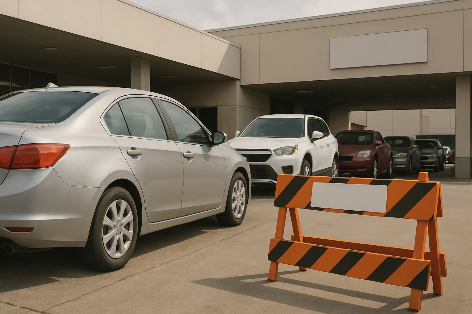 Orange and black road barrier in front of a row of parked cars outside a modern, beige building under hazy daylight