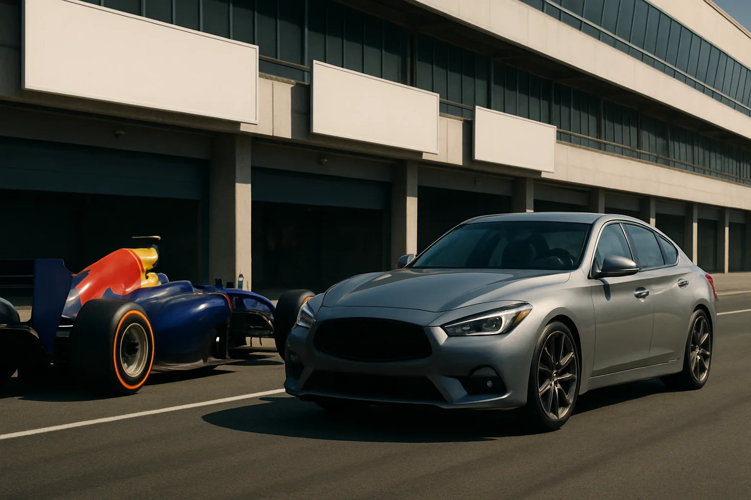A sleek matte grey sports sedan parked beside a low, colorful open-wheel race car on sunlit asphalt near a modern pit building