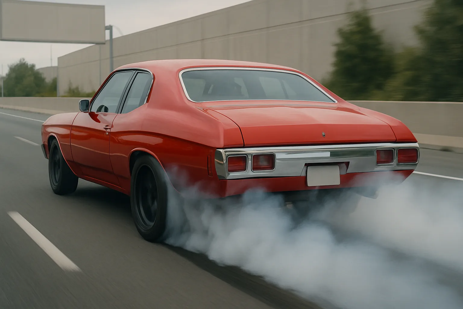 A red classic-style car with dark wheels releases thick white smoke from its rear tyres while driving on an empty highway