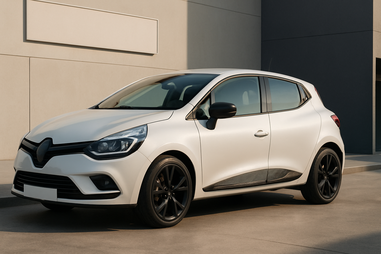 A white hatchback with glossy black alloy wheels and trim is parked in sunlight against minimalist cream and grey walls
