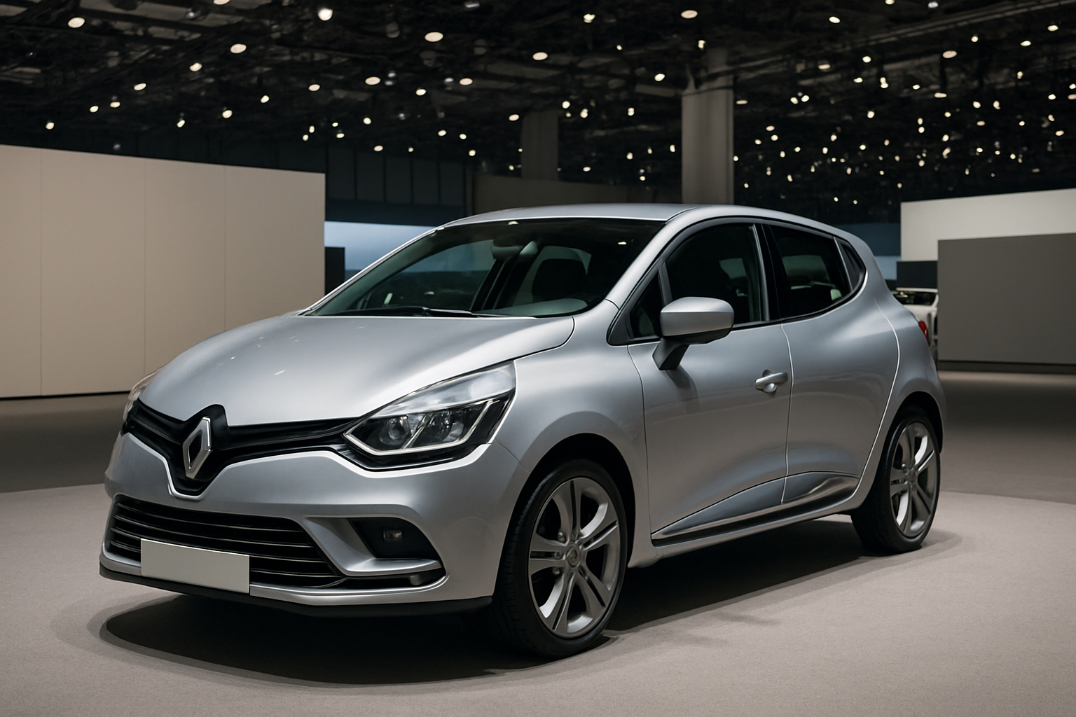 A silver hatchback car with smooth curves and black accents displayed on a brightly lit showroom floor