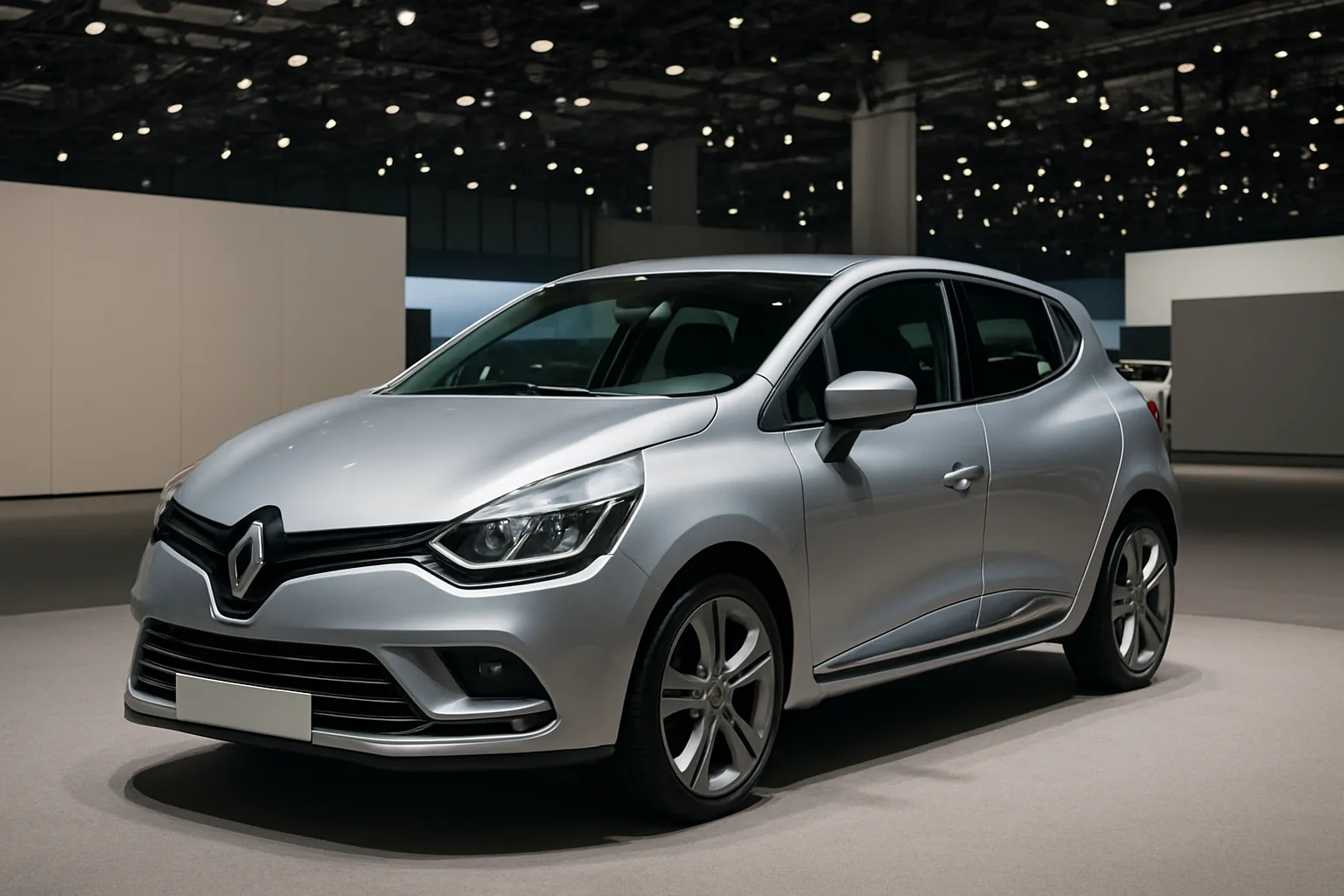A silver hatchback car with smooth curves and black accents displayed on a brightly lit showroom floor