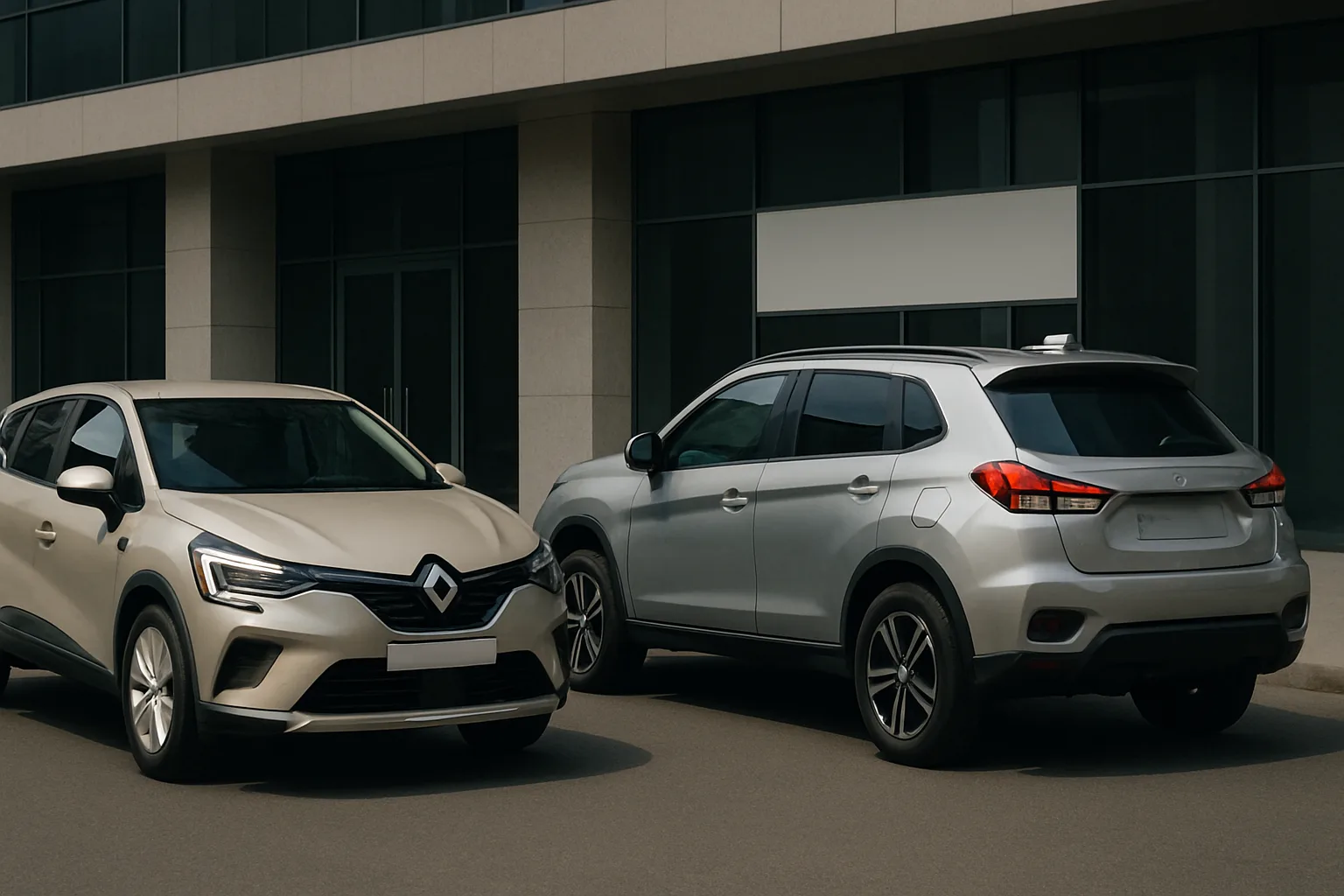 Two modern, unbranded SUVs in beige and silver parked side by side on a clean street in front of a glass-fronted building
