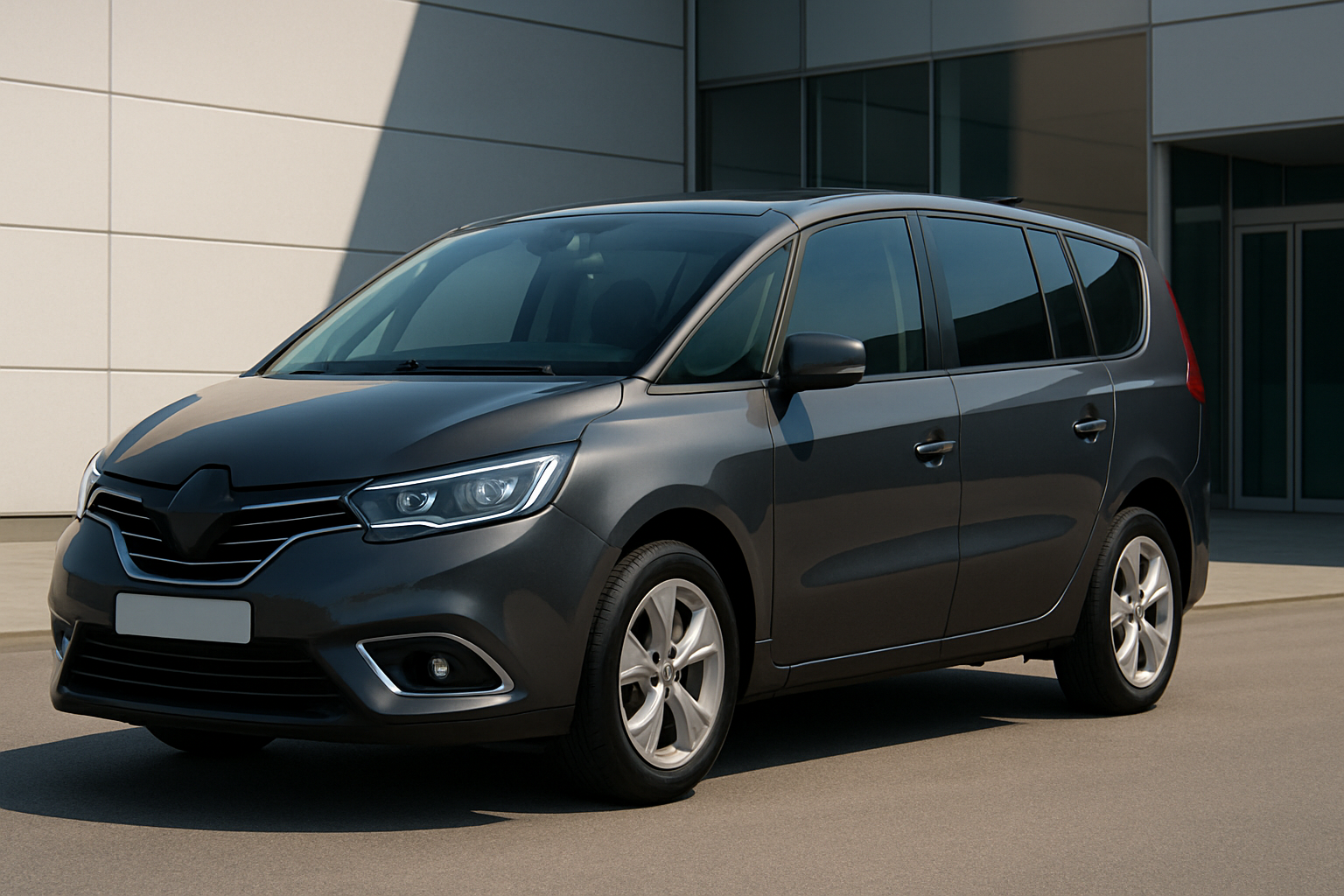 A sleek, dark grey minivan with tinted windows and silver accents parked on light pavement beside a modern glass building