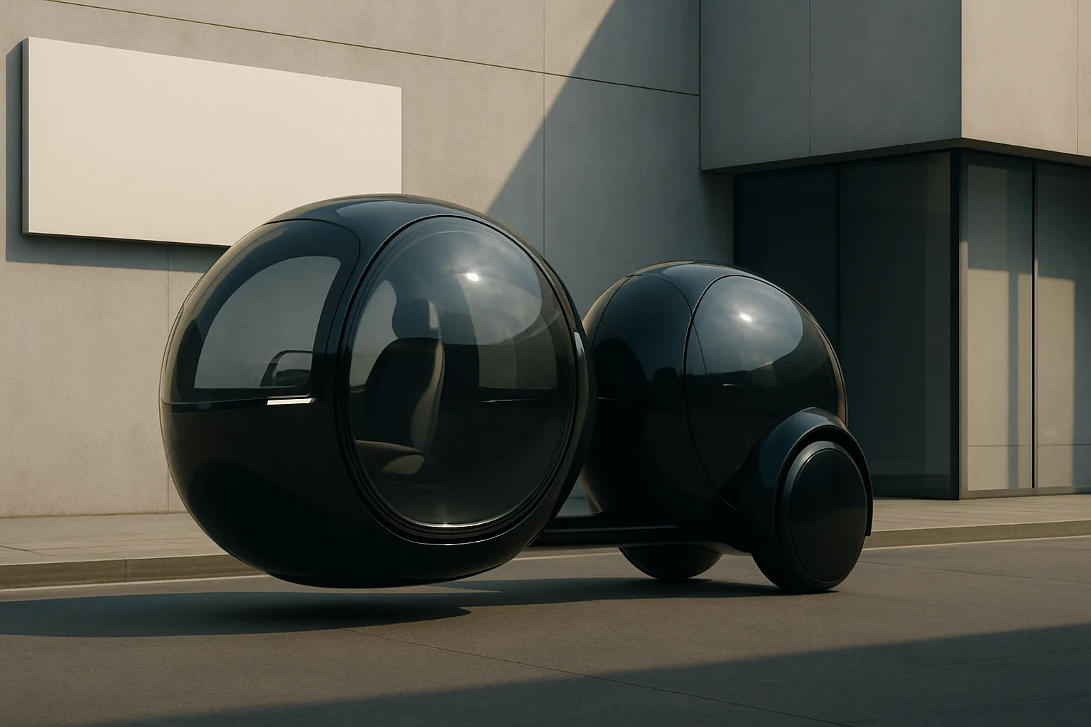 Sleek black spherical vehicle with transparent windows hovers above a sunlit, empty street beside modern concrete buildings